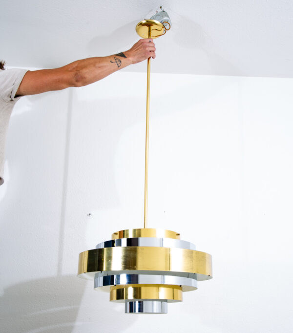 Mid Century Modern Chandelier Pendant Lamp Set Light Gold Brass Silver Feldman - Image 2
