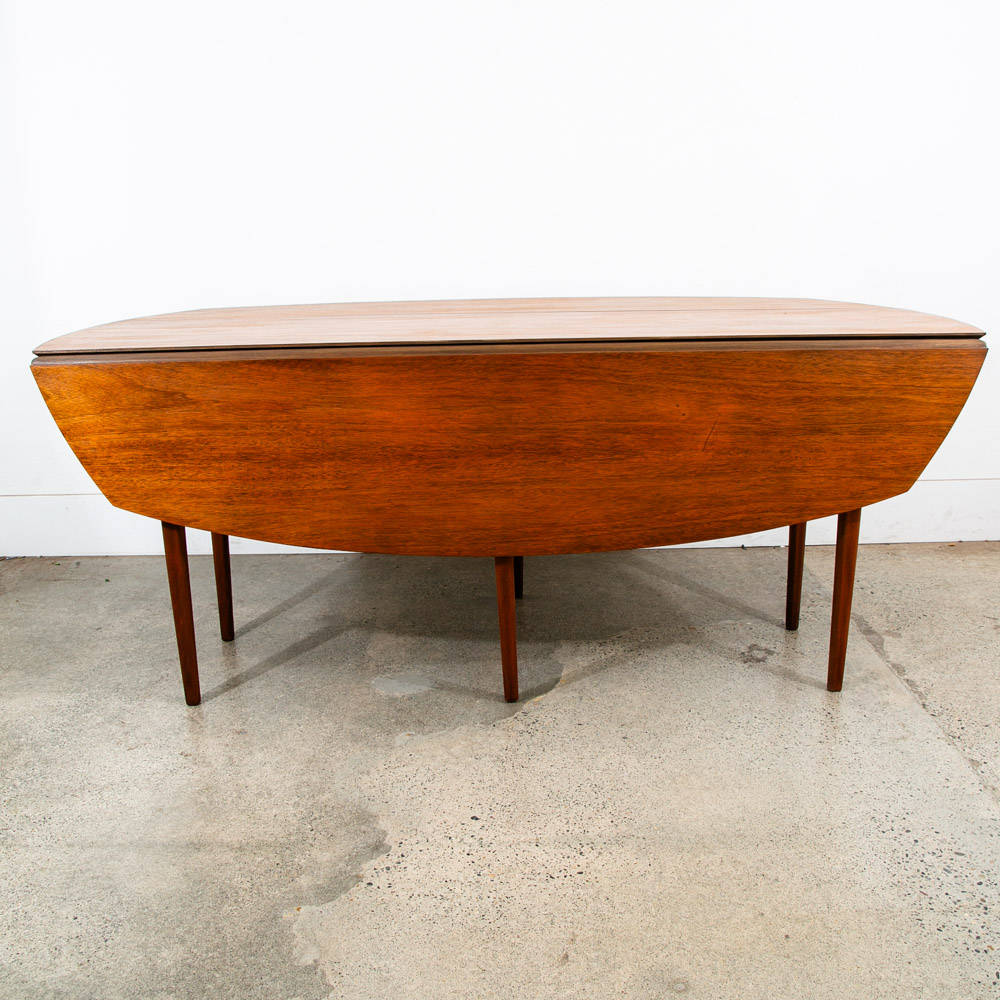 Mid Century Modern Dining Table Drop Leaf Walnut Oval Draw Leg 6 Legs Restored
