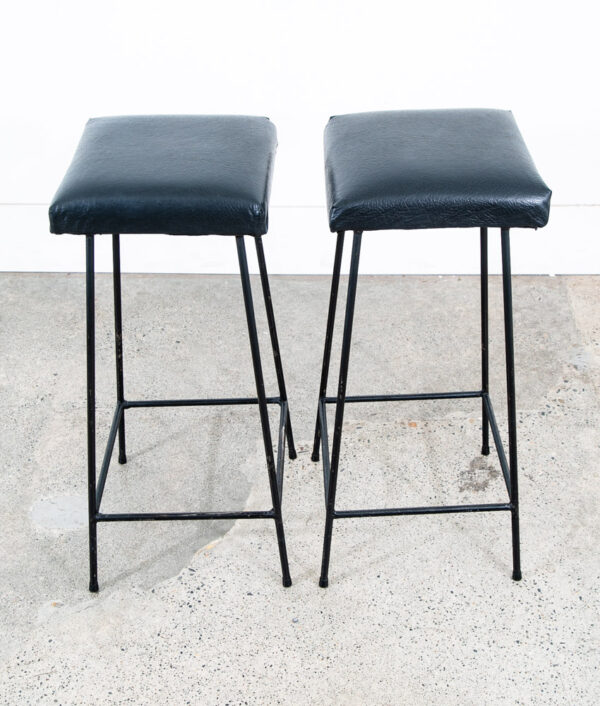 Mid Century Modern Bar Stools Black Wrought Iron Square Upholstered Cushion Mcm - Image 7
