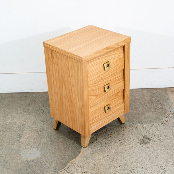 Mid Century Modern Nightstand End Side Tables Morris California Oak 3 Drawers Refinished Brass Gold - Image 8