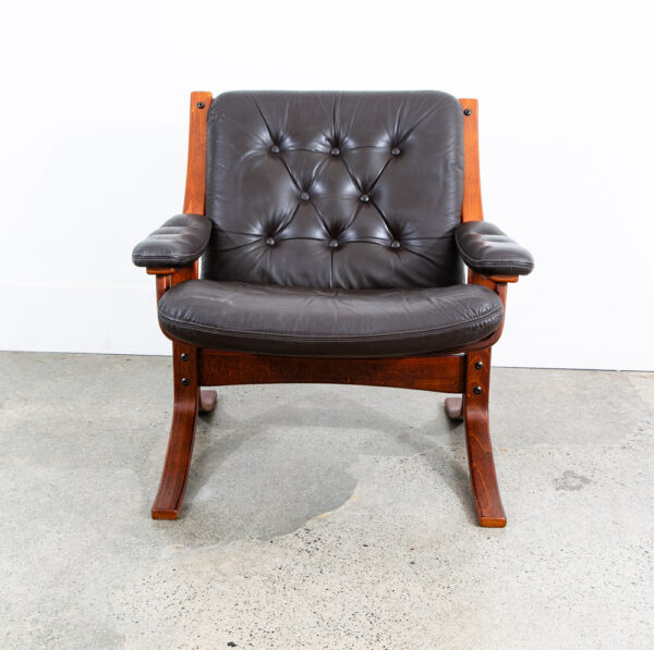 Mid Century Danish Modern Lounge Chair Brown Leather Bentwood Tufted Armchair - Image 3