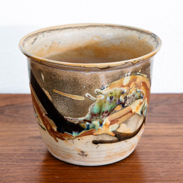 Mid Century Modern Planter Pot Multicolor Studio Pottery Round Munja Stoneware 6" - Image 2