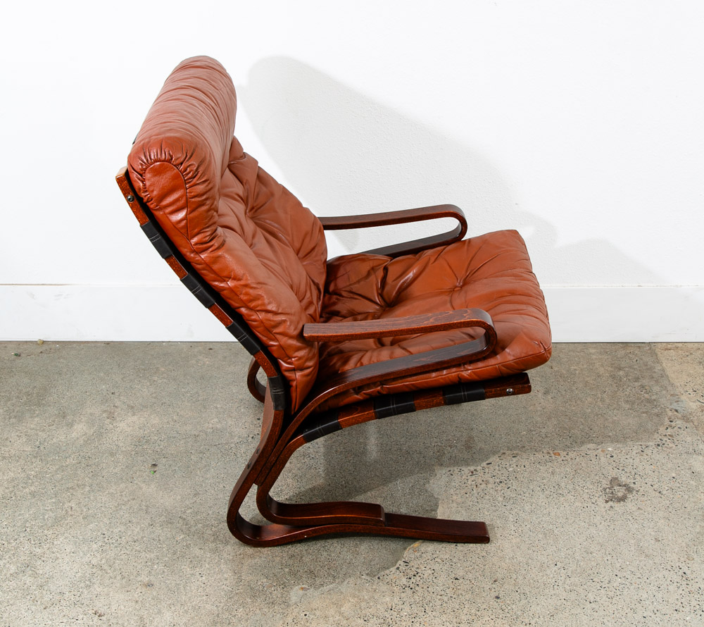 Mid Century Danish Modern Lounge Chairs Brown Leather Bentwood Set Pair Vintage - Image 7