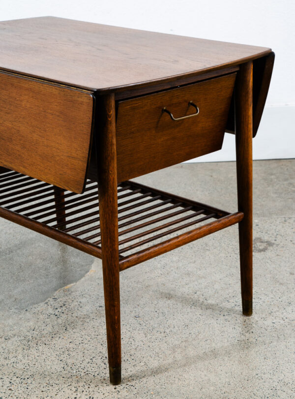 Mid Century Danish Modern Table Sewing Craft Table Side End Oak Drop Leaf Drawer - Image 8