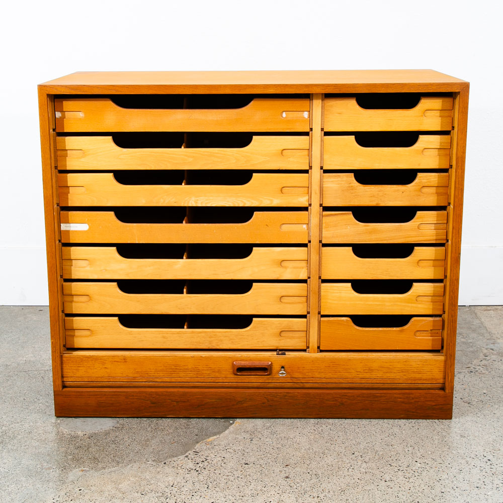 Mid Century Modern Cabinet Roll Up Tambour Door Wood 14 Drawers Storage Oak Vamo - Image 4