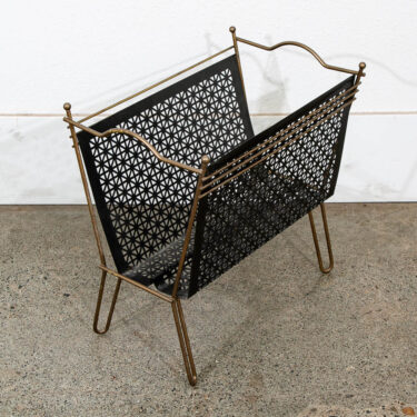 Mid Century Modern Magazine Rack Modernist Iron Black Metal With Brass Frame Vintage