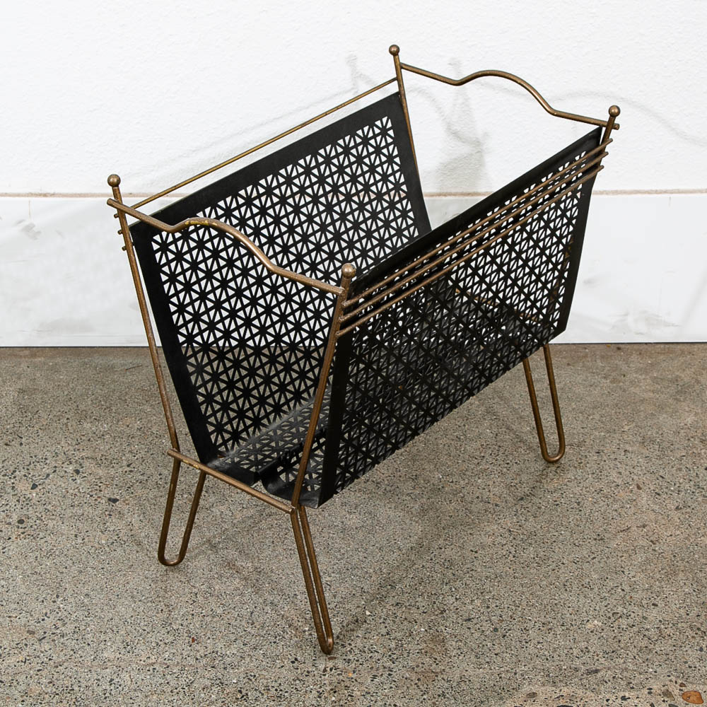 Mid Century Modern Magazine Rack Modernist Iron Black Metal With Brass Frame Vintage
