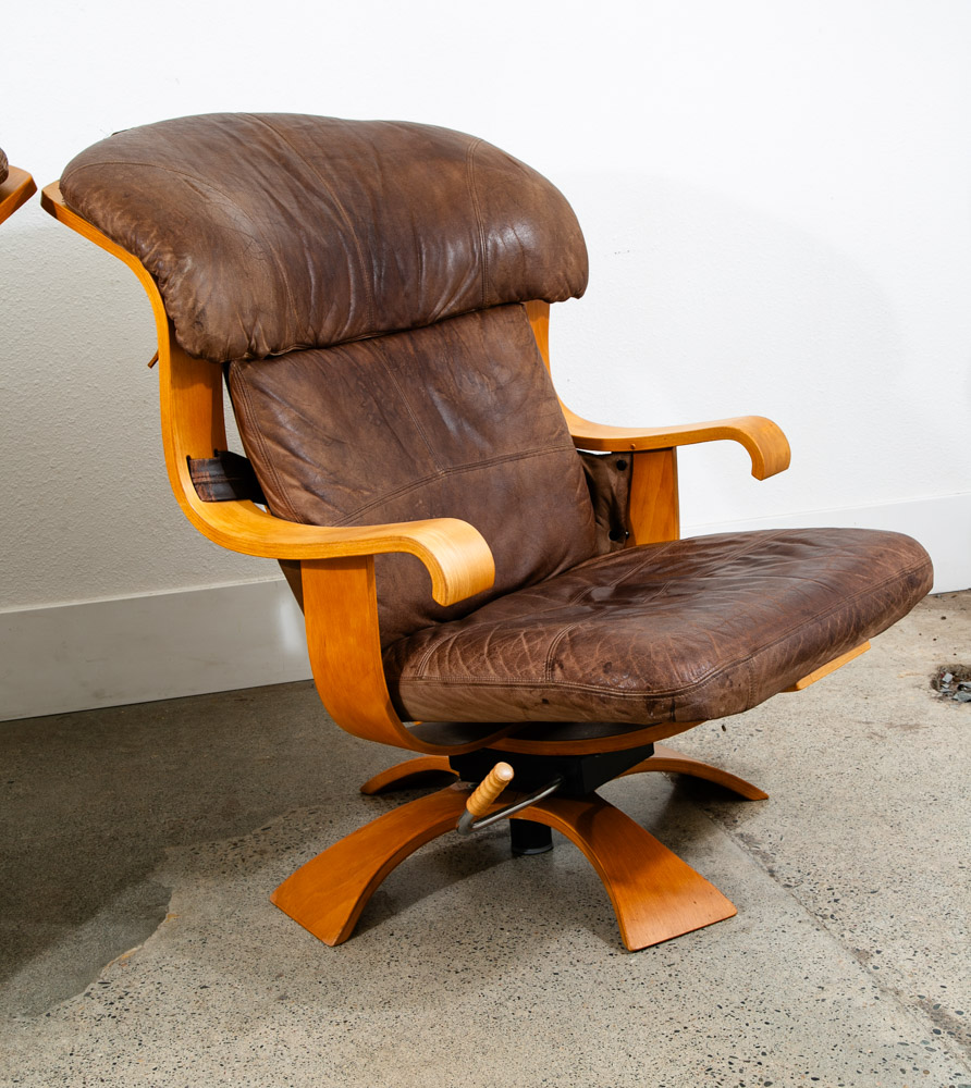 Mid Century Danish Modern Lounge Chairs Swivel Brown Leather Ake Fribytter Nelo - Image 5