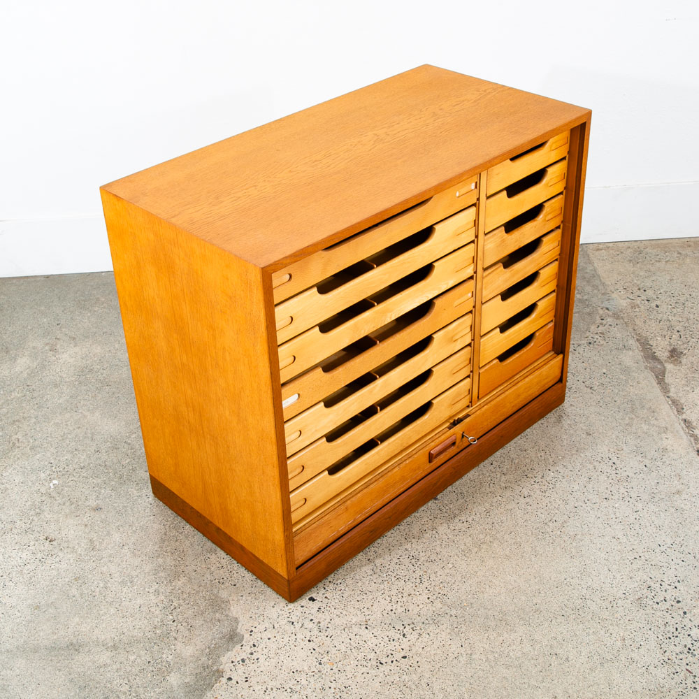 Mid Century Modern Cabinet Roll Up Tambour Door Wood 14 Drawers Storage Oak Vamo