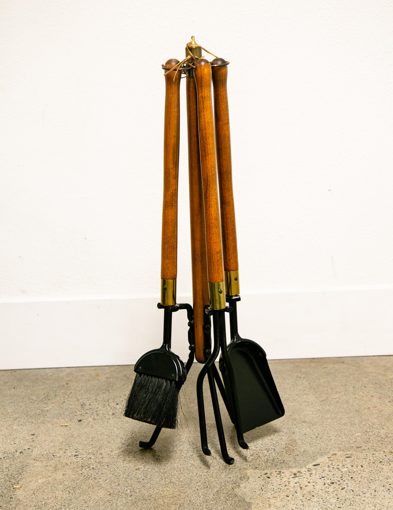 Mid Century Modern Fireplace Tools Wood Brass Cast iron Pilgrim Seymour Nelson