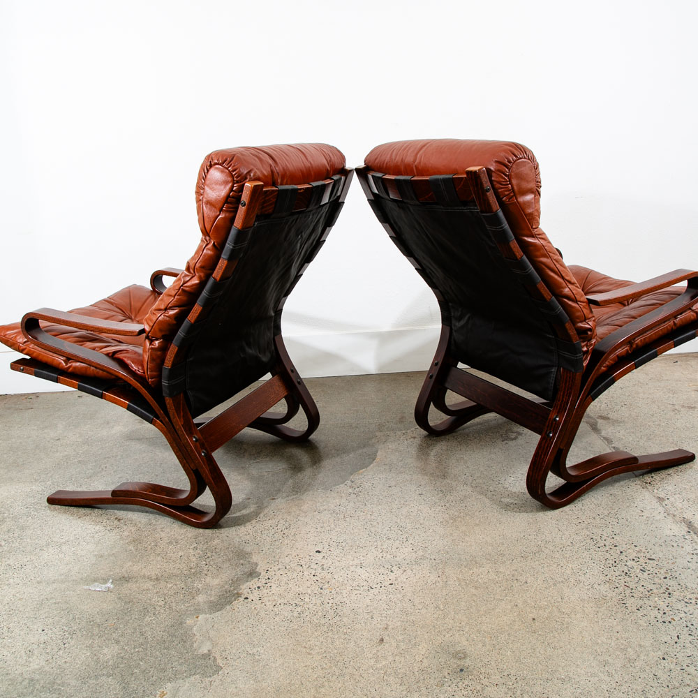 Mid Century Danish Modern Lounge Chairs Brown Leather Bentwood Set Pair Vintage - Image 3