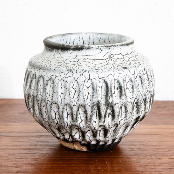 Mid Century Modern Studio Pottery Vase Black White Textured Pot Ceramic Round - Image 8