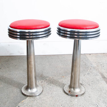 Mid Century Modern Diner Bar Stools Pair Red Vinyl Swivel Chrome Floor Mount