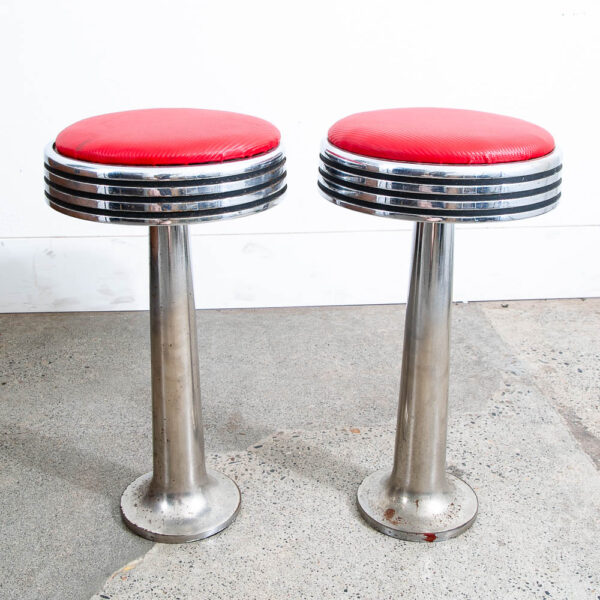 Mid Century Modern Diner Bar Stools Pair Red Vinyl Swivel Chrome Floor Mount