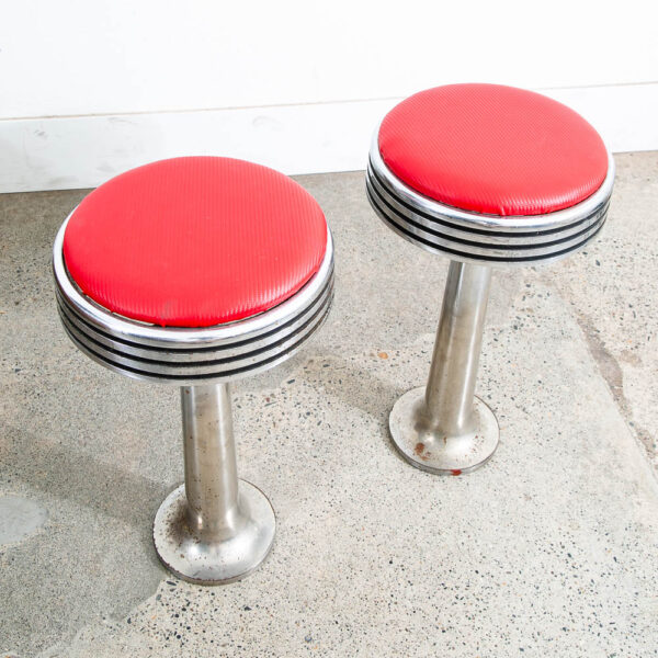 Mid Century Modern Diner Bar Stools Pair Red Vinyl Swivel Chrome Floor Mount - Image 3