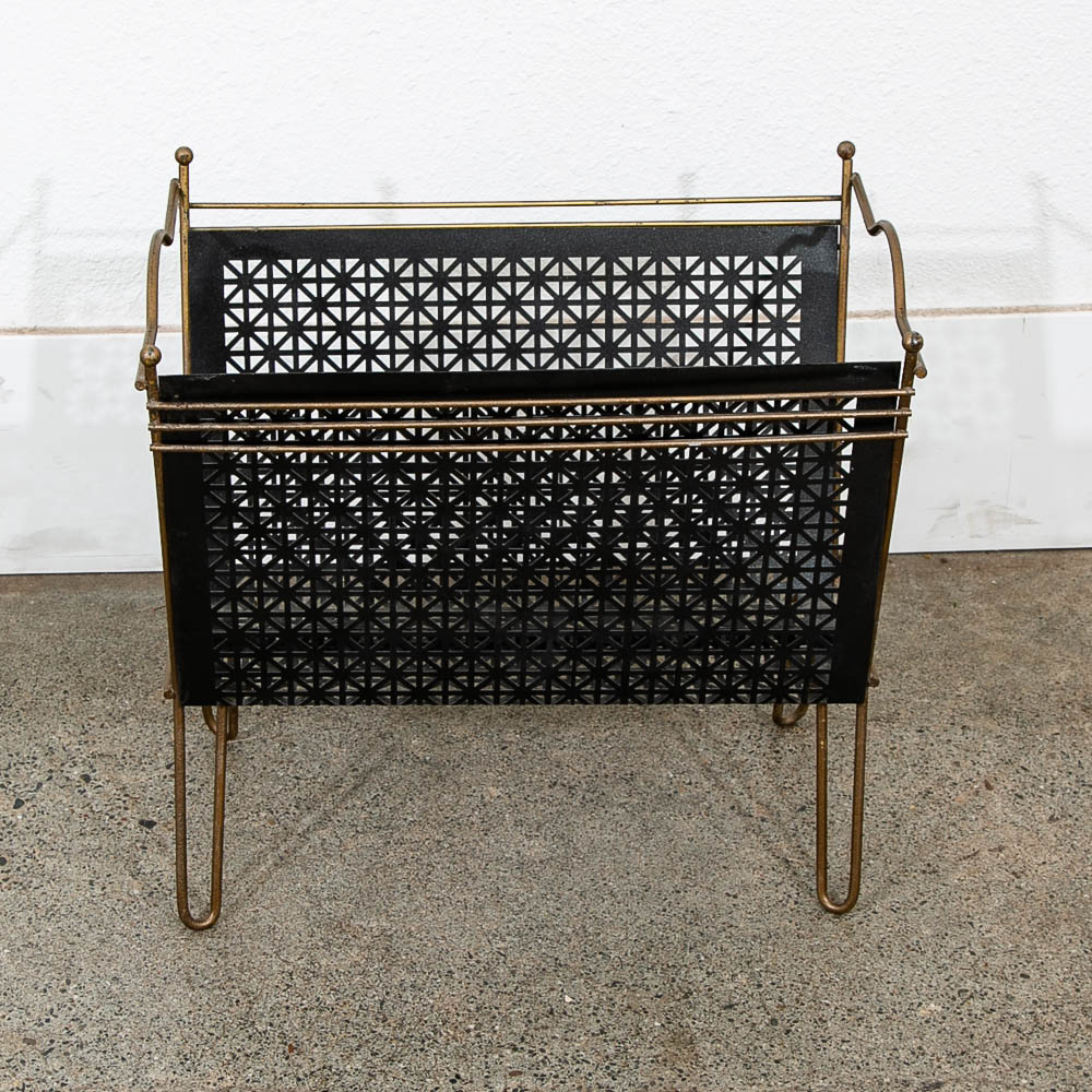 Mid Century Modern Magazine Rack Modernist Iron Black Metal With Brass Frame Vintage - Image 2