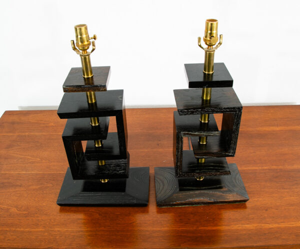 Mid Century Modern Table Lamp Set Ebonized Oak Wood Brass James Mont Style Pair - Image 4