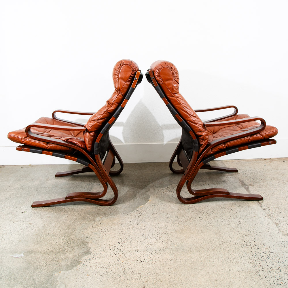 Mid Century Danish Modern Lounge Chairs Brown Leather Bentwood Set Pair Vintage - Image 2