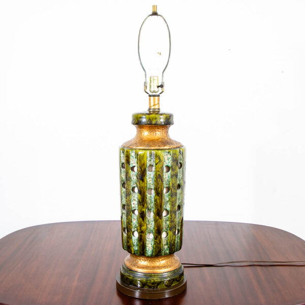 Mid Century Modern Table Lamp Ceramic Drip Glaze Studio Round Teal Green Brass Mcm