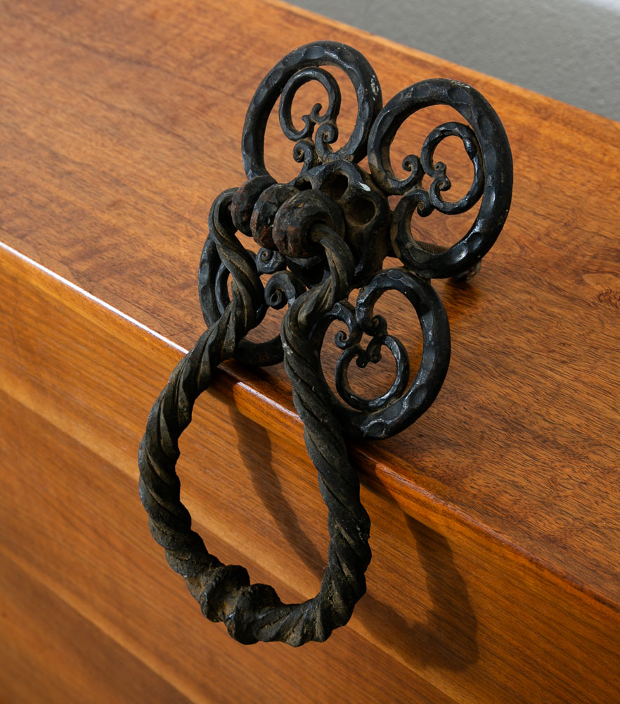 Mid Century Modern Gothic Door Knocker Heavy Cast Iron Mcm Texture Black Antique - Image 11