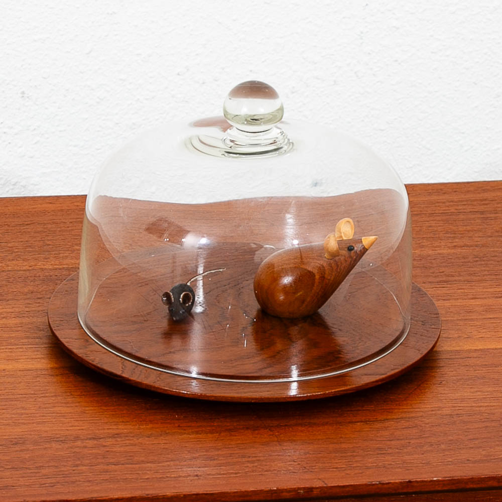 Mid Century Danish Modern Rounded Teak Karl Holmberg Serving Tray Denmark w/ Wooden Mice
