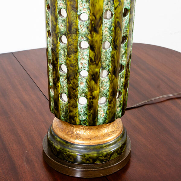Mid Century Modern Table Lamp Ceramic Drip Glaze Studio Round Teal Green Brass Mcm - Image 4