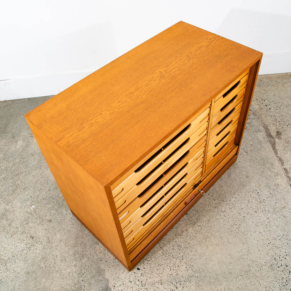 Mid Century Modern Cabinet Roll Up Tambour Door Wood 14 Drawers Storage Oak Vamo - Image 5