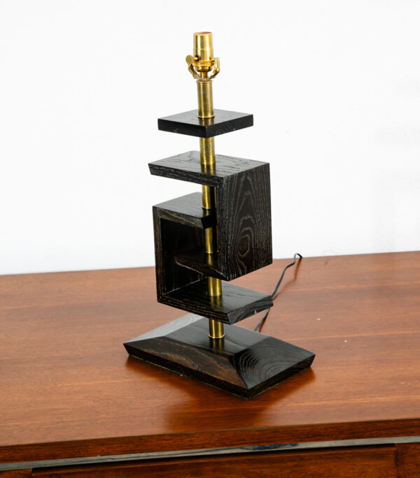 Mid Century Modern Table Lamp Set Ebonized Oak Wood Brass James Mont Style Pair - Image 3