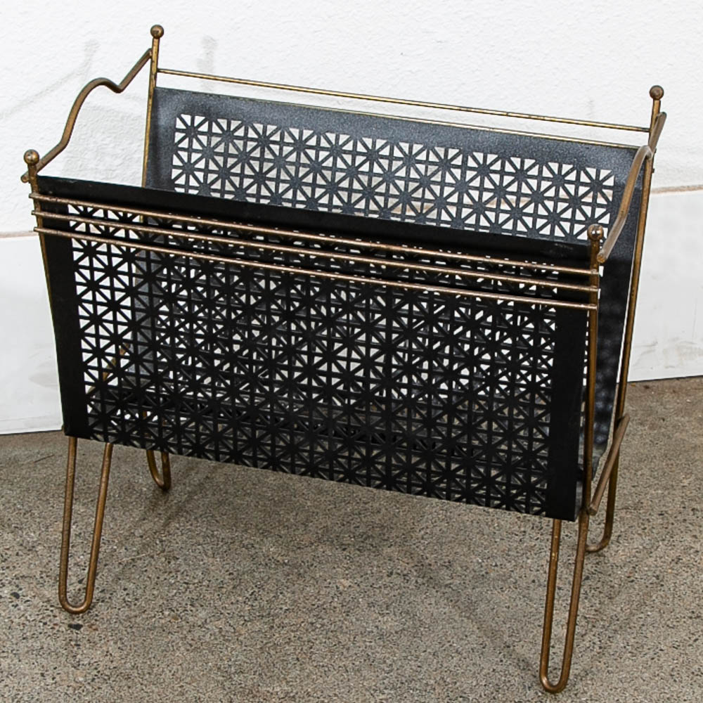 Mid Century Modern Magazine Rack Modernist Iron Black Metal With Brass Frame Vintage - Image 8