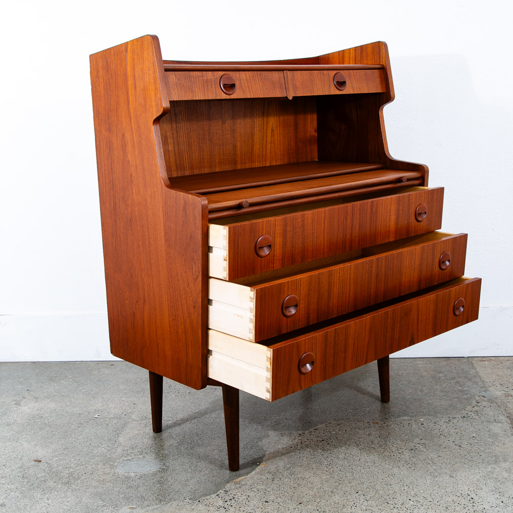 Mid Century Danish Modern Secretary Desk Teak Sliding Denmark 5 Drawers Handles - Image 5