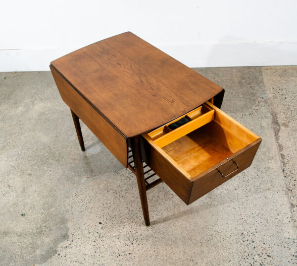 Mid Century Danish Modern Table Sewing Craft Table Side End Oak Drop Leaf Drawer - Image 7