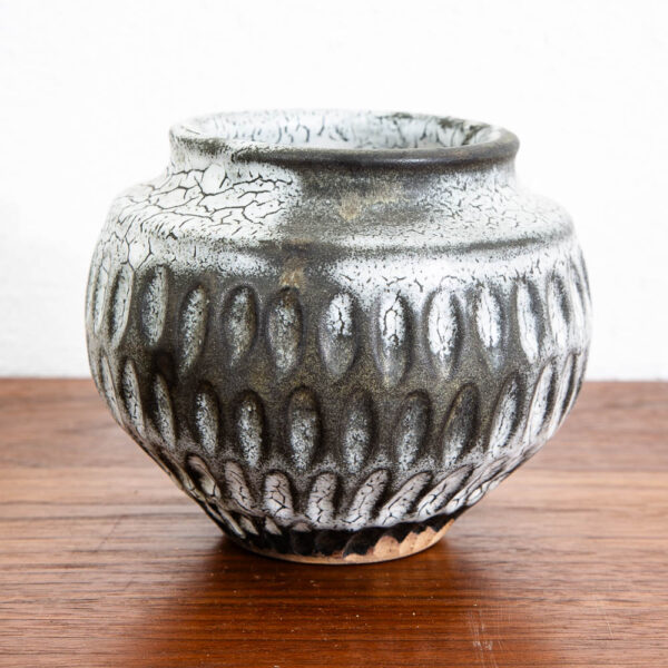 Mid Century Modern Studio Pottery Vase Black White Textured Pot Ceramic Round - Image 7