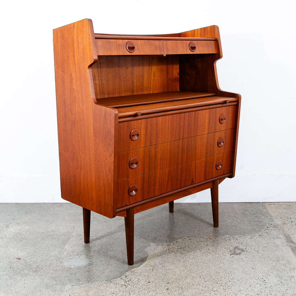 Mid Century Danish Modern Secretary Desk Teak Sliding Denmark 5 Drawers Handles