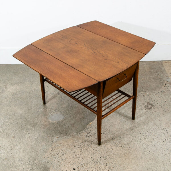 Mid Century Danish Modern Table Sewing Craft Table Side End Oak Drop Leaf Drawer - Image 3