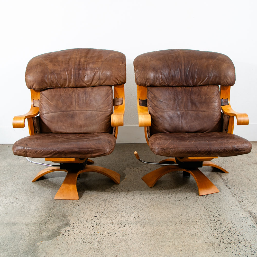 Mid Century Danish Modern Lounge Chairs Swivel Brown Leather Ake Fribytter Nelo - Image 4