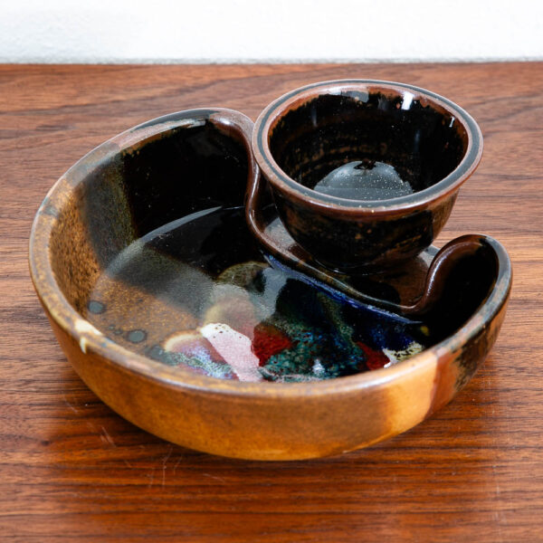 Mid Century Modern Studio Pottery Chip and Dip Dish Bowl Signed Bruce Larrabee