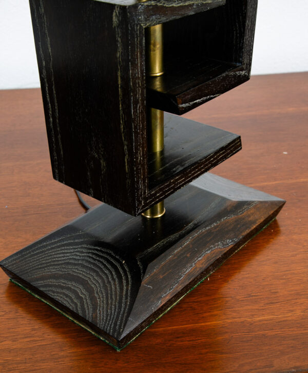 Mid Century Modern Table Lamp Set Ebonized Oak Wood Brass James Mont Style Pair - Image 11