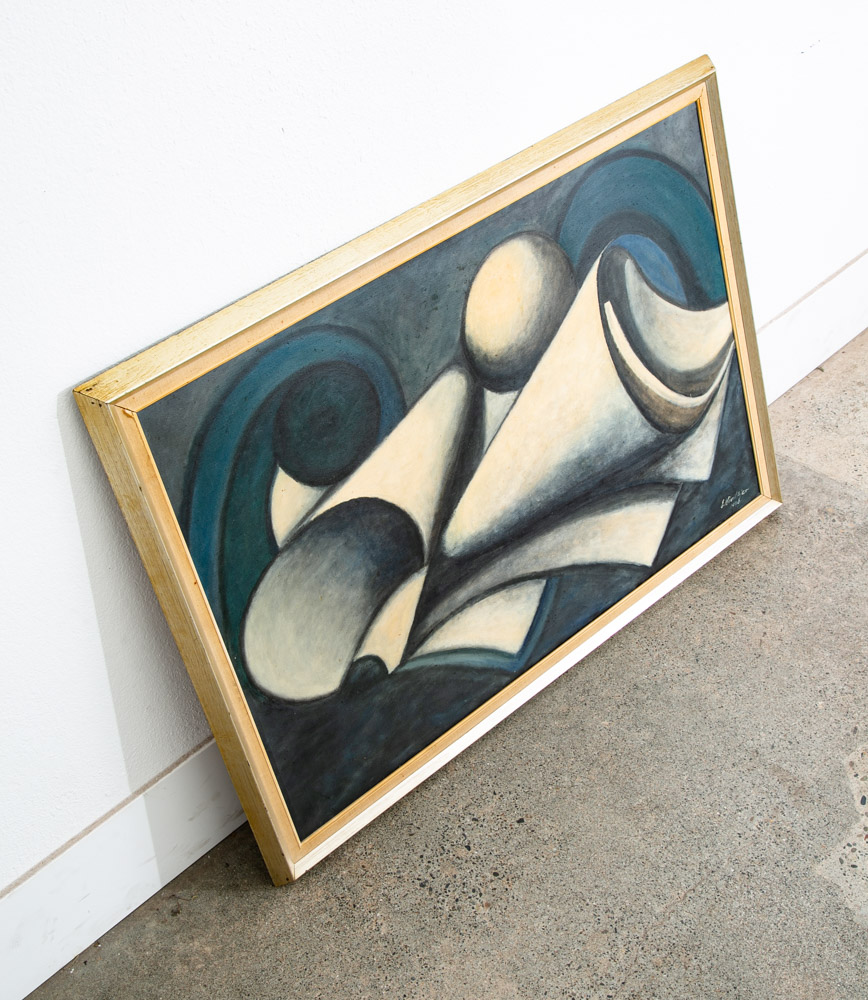 Mid Century Modern Painting Art Abstract Expressionism Blue Black White Signed - Image 2