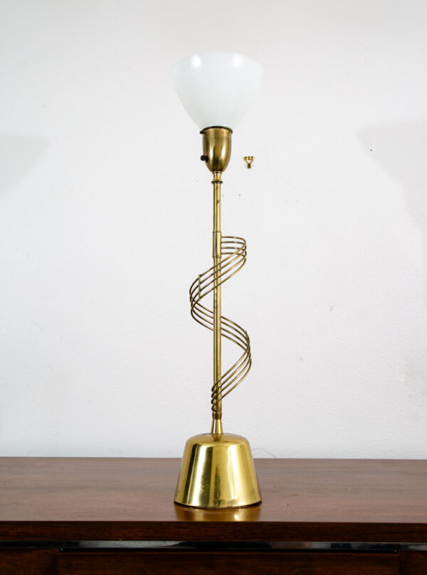 Mid Century Modern Table Lamp Swirled Brass Metal White Milk Glass Shade Vintage - Image 6
