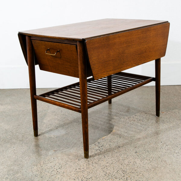 Mid Century Danish Modern Table Sewing Craft Table Side End Oak Drop Leaf Drawer - Image 2