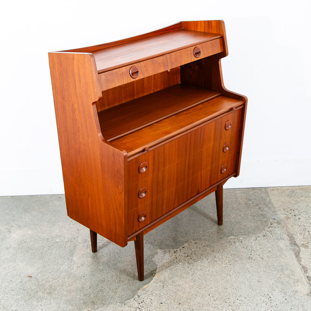 Mid Century Danish Modern Secretary Desk Teak Sliding Denmark 5 Drawers Handles - Image 7