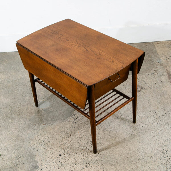 Mid Century Danish Modern Table Sewing Craft Table Side End Oak Drop Leaf Drawer - Image 12