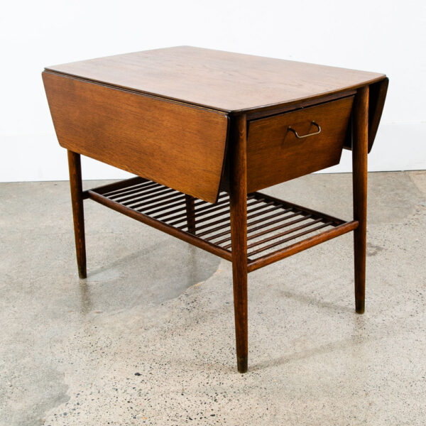 Mid Century Danish Modern Table Sewing Craft Table Side End Oak Drop Leaf Drawer