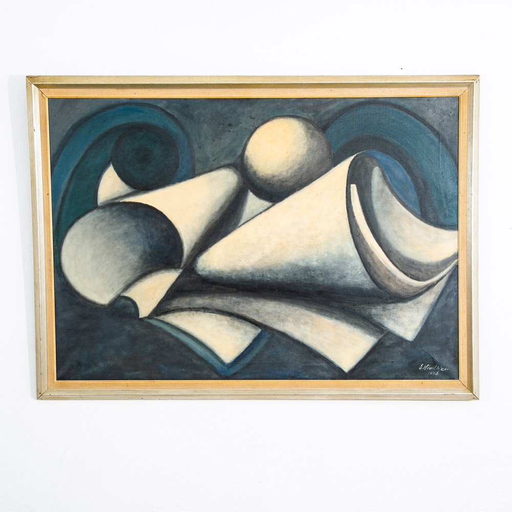 Mid Century Modern Painting Art Abstract Expressionism Blue Black White Signed