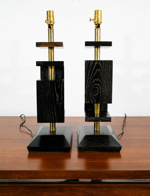 Mid Century Modern Table Lamp Set Ebonized Oak Wood Brass James Mont Style Pair - Image 2
