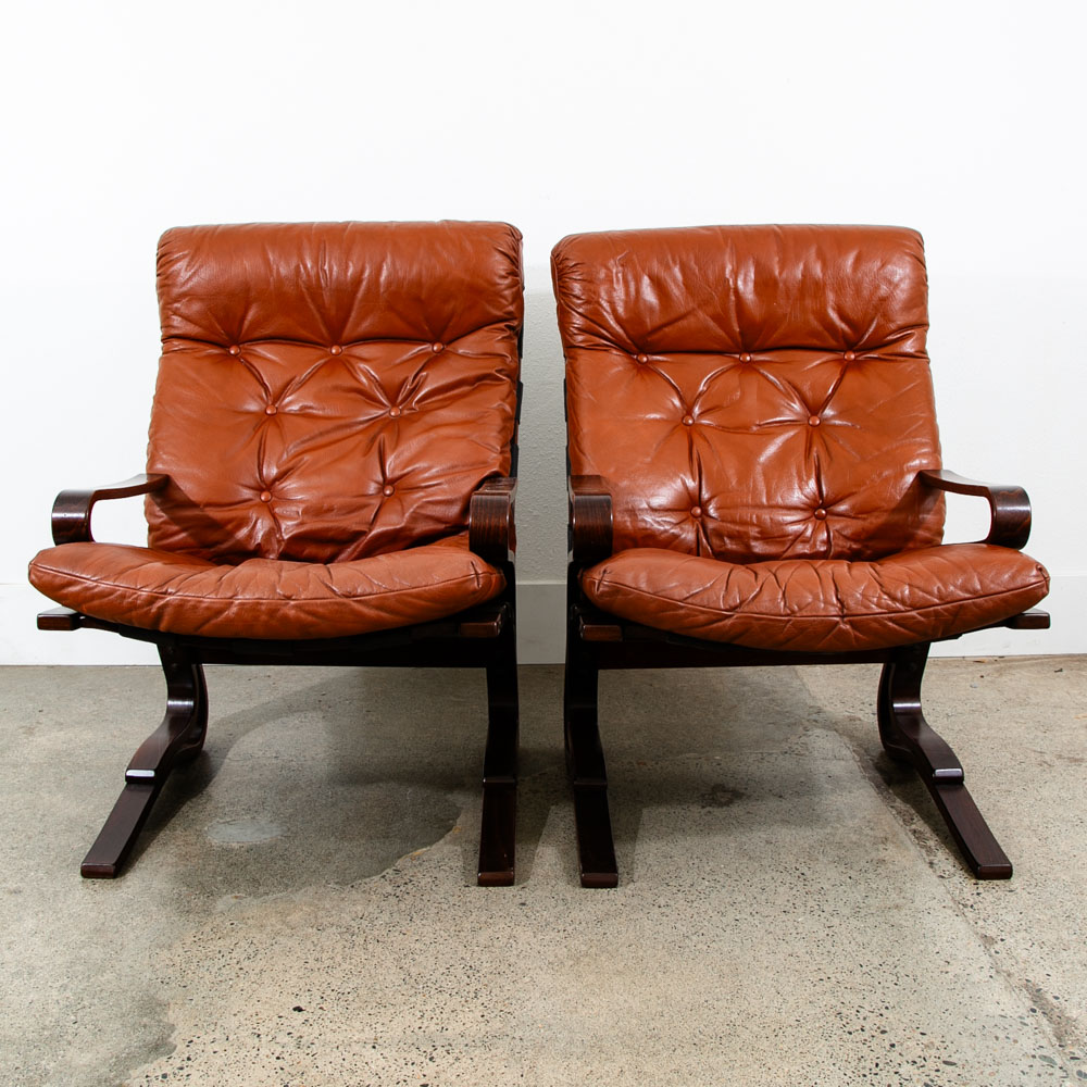 Mid Century Danish Modern Lounge Chairs Brown Leather Bentwood Set Pair Vintage - Image 4