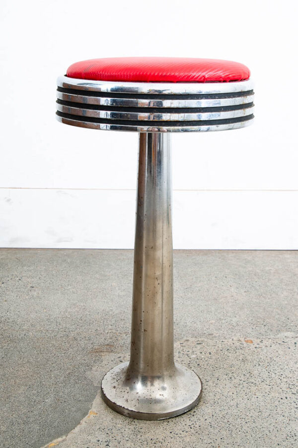 Mid Century Modern Diner Bar Stools Pair Red Vinyl Swivel Chrome Floor Mount - Image 6