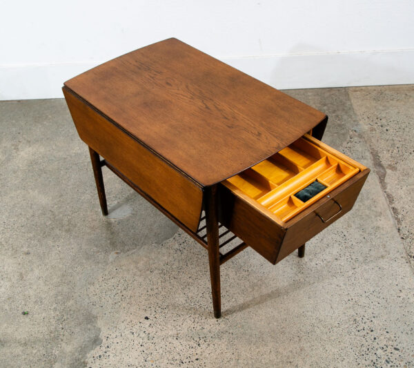 Mid Century Danish Modern Table Sewing Craft Table Side End Oak Drop Leaf Drawer - Image 6