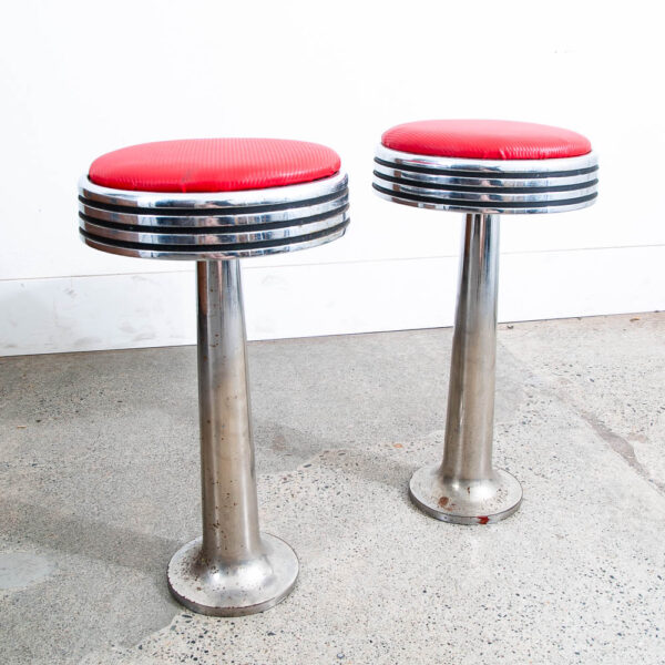 Mid Century Modern Diner Bar Stools Pair Red Vinyl Swivel Chrome Floor Mount - Image 2