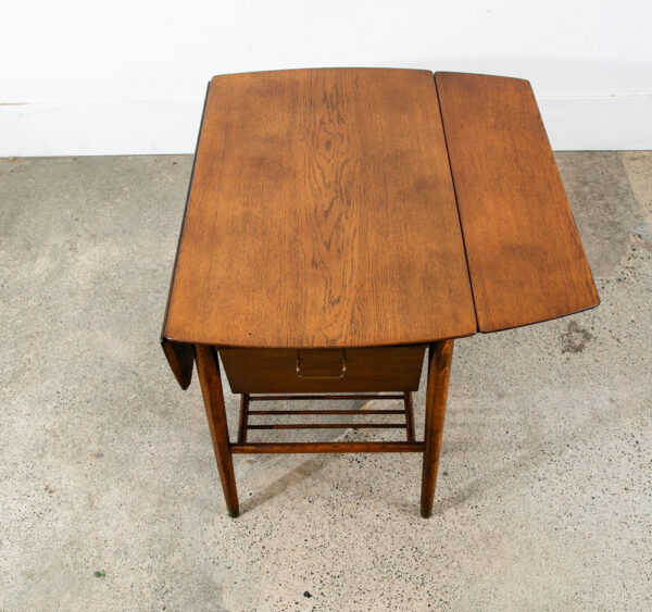 Mid Century Danish Modern Table Sewing Craft Table Side End Oak Drop Leaf Drawer - Image 11